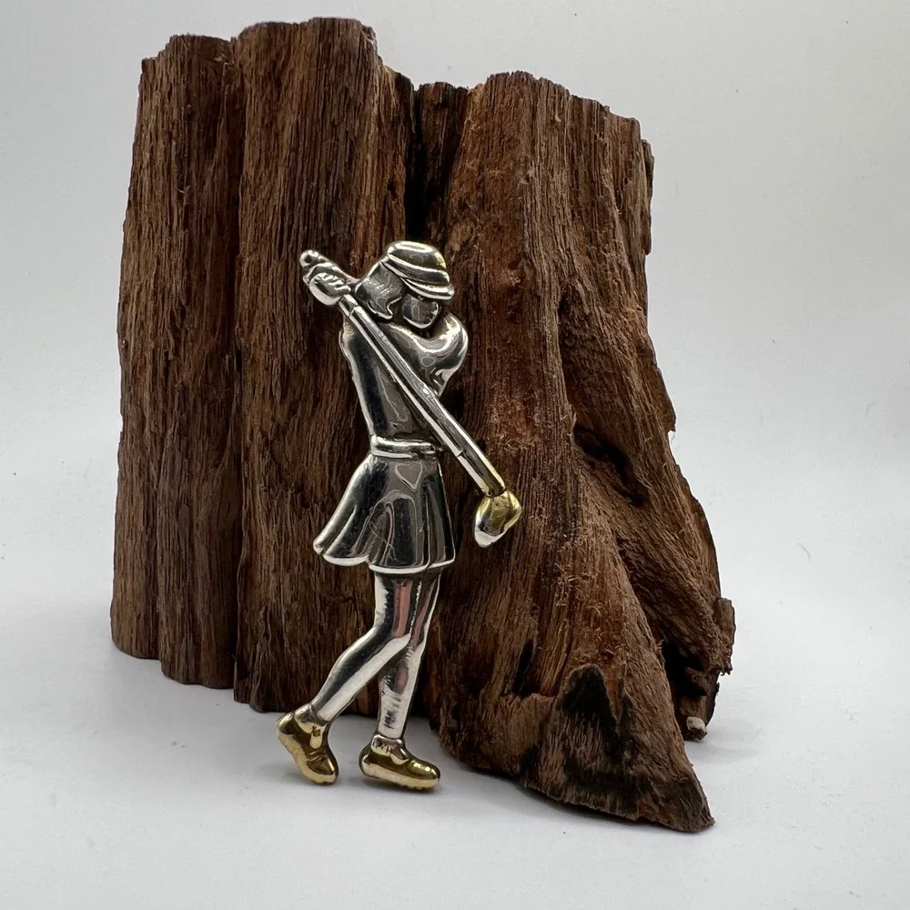 Vintage Sterling Silver 925‎ & Gilt Gold Accent Golfing Woman Pendant Brooch